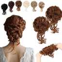 FeidyLong 2PCS Messy Bun Hair Piece Tousled Updo with Tendrils Wavy Curly Hair Bun Scrunchies Ponytail Extension Elastic Band Hairpieces For Women (Light Auburn)