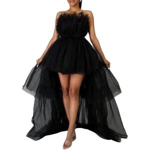 Women's High Low Tulle Dress Solid Color Sleeveless Tiered Fluffy Gown for Wedding Party Cocktail Events (Black, S)