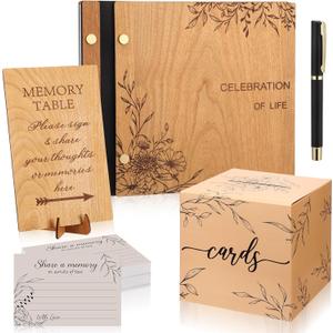 Yexiya 64 Pcs Celebration of Life Guest Book Set, Cherry Wood Funeral Guestbook with Floral Laser Engraving, 60 Share a Memory Cards, Card Box, Sign & Pen for Memorial Service Farewell Party