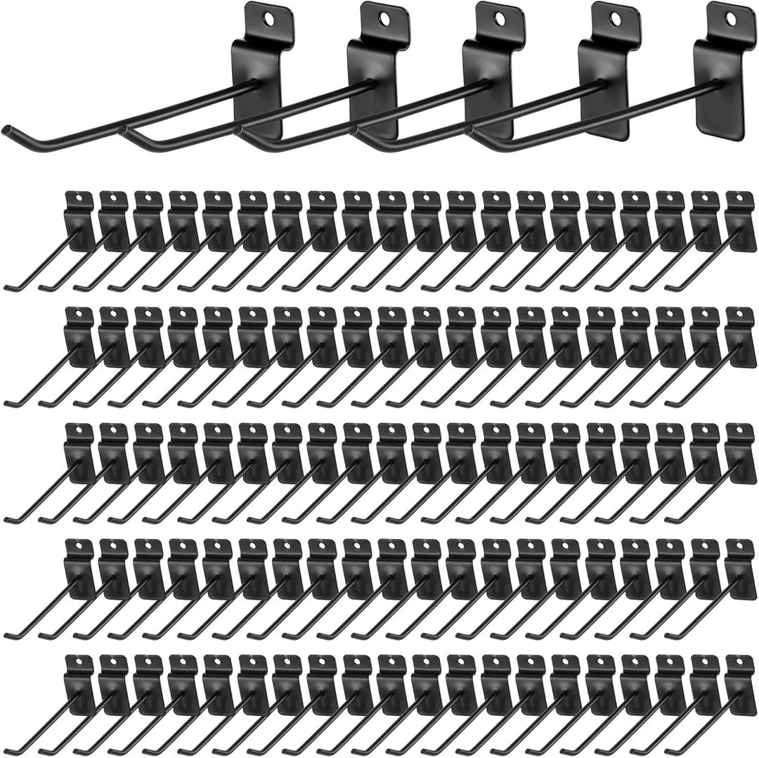 Blulu 200 Pcs 6 Inches Slatwall Hooks Accessories Black Slat Wall Hanging Hangers Metal Retail Hooks Shelf Brackets Pegs for Pegboard Garage Display