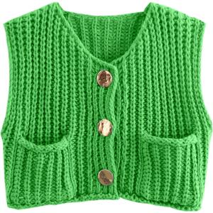 Hvewarm Womens Casual Chunky Knit Vest Gold Button Down Crop Crochet Sleeveless Sweater Vest (Green-S), Small (Green, S)