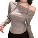 SHENHE Women's Off Shoulder Long Sleeve Top with Scarf Casual Fitted Going Out Tee Shirt (Gray, M)