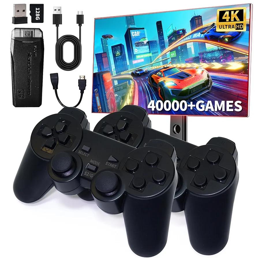 Wireless Retro Game Console, Video Game Console with Built-in 9 Emulators, 40,000+ Games, 4k Hdmi Output, and 2.4GHz Wireless Controller, Nostalgia Gaming Stick，Plug & Play TV Video Games(128G)