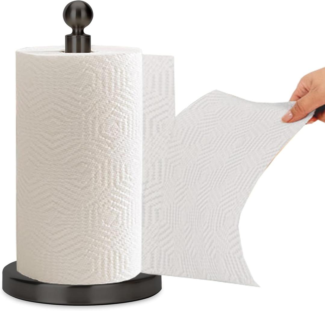 Paper Towel Holder Countertop, Standing Paper Towel Roll Holder for Kitchen Bathroom, with Weighted Base for One-Handed Operation, No Wobbly (Stainless Steel Base, Black)