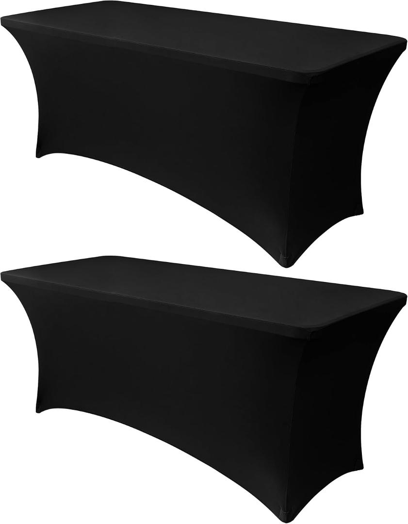 Obstal 8ft Stretch Spandex Table Cover for Standard Folding Tables - 2 Pack Universal Rectangular Fitted Tablecloth Protector for Wedding, Banquet and Party, Black
