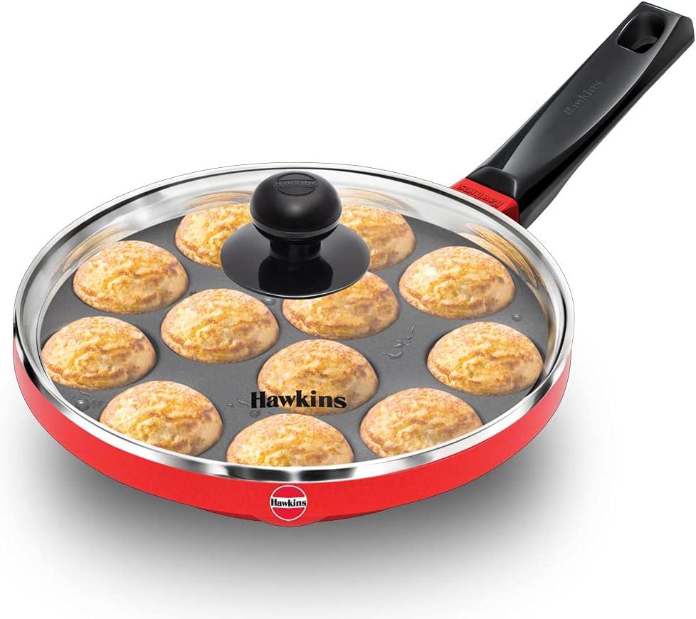 Hawkins Nonstick Appe Pan with Glass Lid, 12 Cups, Diameter 22 cm, Black, Cast Aluminium, Red