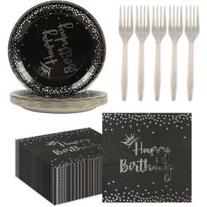 75PCS Happy Birthday Paper Plates Set, Black Sliver Crown Party Plate 6.5Inch Napkins 6.3 Inch Plastic Fork Tableware Dessert Plates Guests for Birthday Party Decoration-Serve 25