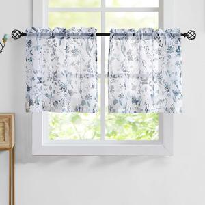 Fragrantex Blue and Grey Floral Small Window Curtains for Bathroom Kitchen Curtains 24 inch Length Print Flower Sheer Cafe Curtain Window Treatment Set for Bathroom,28" W x 24" L 2 Panels Rod Pocket