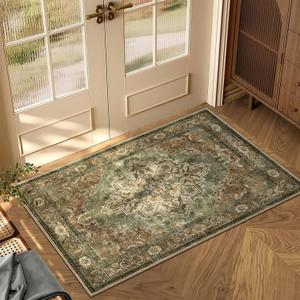 2x3 Machine Washable Area Rug for Entryway, Brown Green Boho Vintage Floral Rug Non-Slip Low Pile Soft Faux Wool Small Carpet, Kids and Pets Friendly for Bedroom Kitchen Hallway Bedside Home Decor Rug