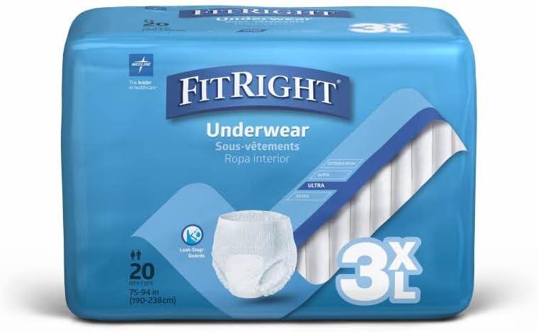 FitRight Adult Incontinence Underwear, Heavy Absorbency, 3X-Large, 75"-94" Waist (20 Count)