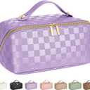 ALEXTINA Travel Makeup Bag, Vegan Leather Large Capacity Cosmetic Bags for Women,Waterproof Portable Pouch Open Flat Toiletry Bag Makeup Bag Organizer with Fixed Divider, Purple