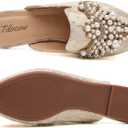 Tilocow Pearl Decor Mules for Women Flats Pointed Toe Backless Flat Slip On Slides Women's Mule Shoes (7, Beige Lace)