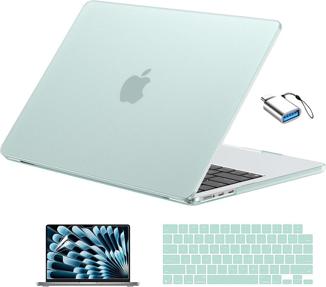 EooCoo Compatible with MacBook Air 13 inch Case M5 2026-2022 M4 M3 M2 Model A3449 A3240 A3113 A2681, Mac Air 13.6 inch Hard Shell & Keyboard Cover & Screen Film & Type-C, Frost Sage Green