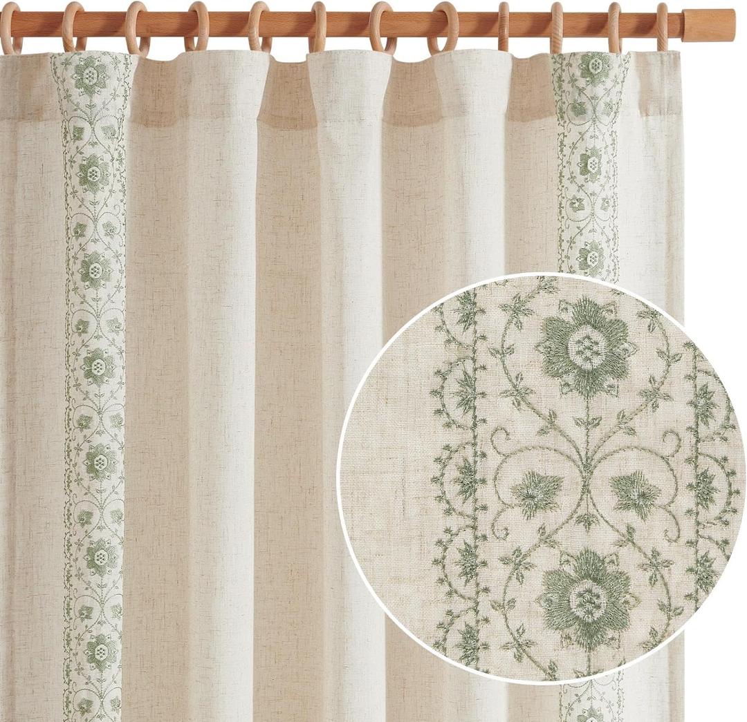 jinchan Boho Curtains for Bedroom Sage Green Vintage Floral Spring Farmhouse Curtains 63 Inch Linen Blend Drapes for Living Room Embroidered Light Filtering Drapes Rod Pocket Sage on Beige 2 Panels (50"W x 63"L (Pack of 2), Floral| Sage on Beige)