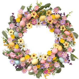 22 Inch Spring Wreath Front Door Wreaths with Colorful Eggs, Flowers and Berries for Easter, Spring Home, Porch, Wall, Party and Indoor Decoration