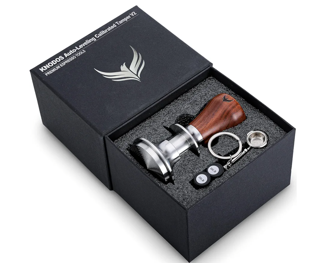 54mm Espresso Tamper for Breville Machine Rosewood KNODOS Auto Leveling, Double Spring Loaded Wooden 30LB Calibrated Coffee Tamper