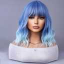 Ombre Blue Wigs for Women Short Curly Wavy Blue Wig for Girls Short Bob Wig With Bangs Heat Resistant Synthetic Wigs for Cosplay Costume Party (Blue Ombre Wig)
