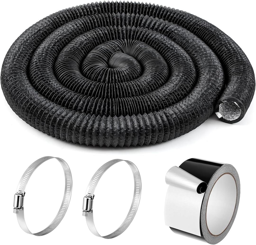 Zonon Dryer Vent Hose 3 Inch X 25 Feet Flexible Aluminum Foil Ducting Non Insulated with Stainless Steel Clamps and Aluminum Tape for Pipe, HVAC Heating Cooling Ventilation and Exhaust(Black)