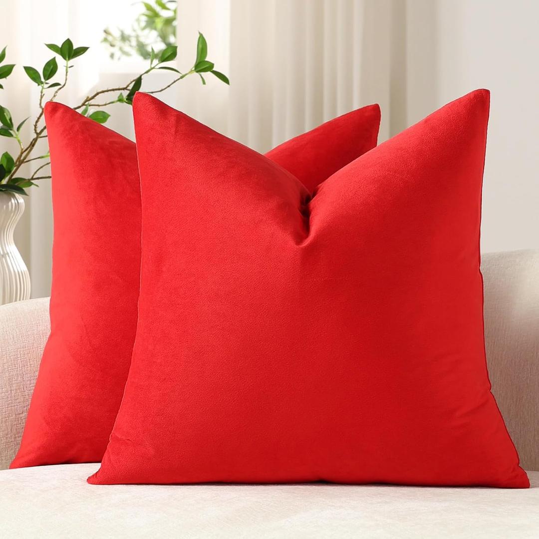 DEZENE Throw Pillow Covers 18x18 Christmas Red: Pack of 2 Cozy Soft Velvet Square Modern Luxury Decorative Throw Pillow Cases for Sofa Couch Living Room Bed Home Decor