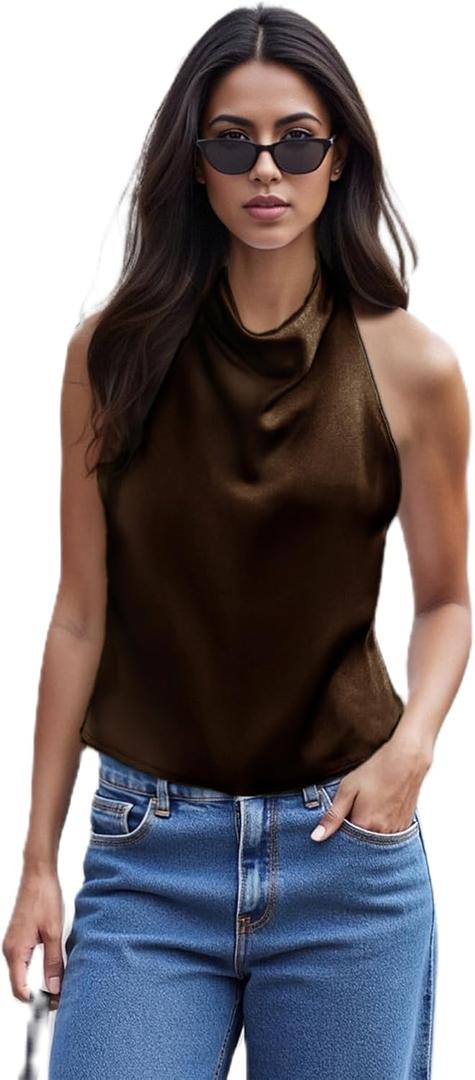 Satin Halter Tops for Women Mock Neck Backless Tank Tops Sexy Sleeveless Silk Camisole for Going Out (Large, Dark Brown)