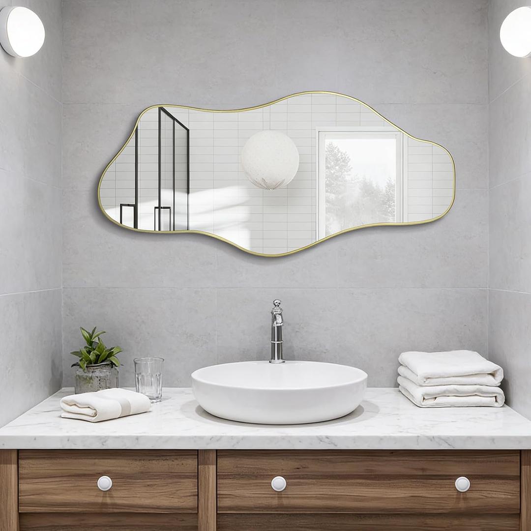 Irregular Wall Mirror, 40"x17.7" Gold Asymmetrical Frameless Mirror, Modern Organic Shaped Mirrors for Living Room Bedroom Hallway Entryway, Horizontal or Vertical Hanging