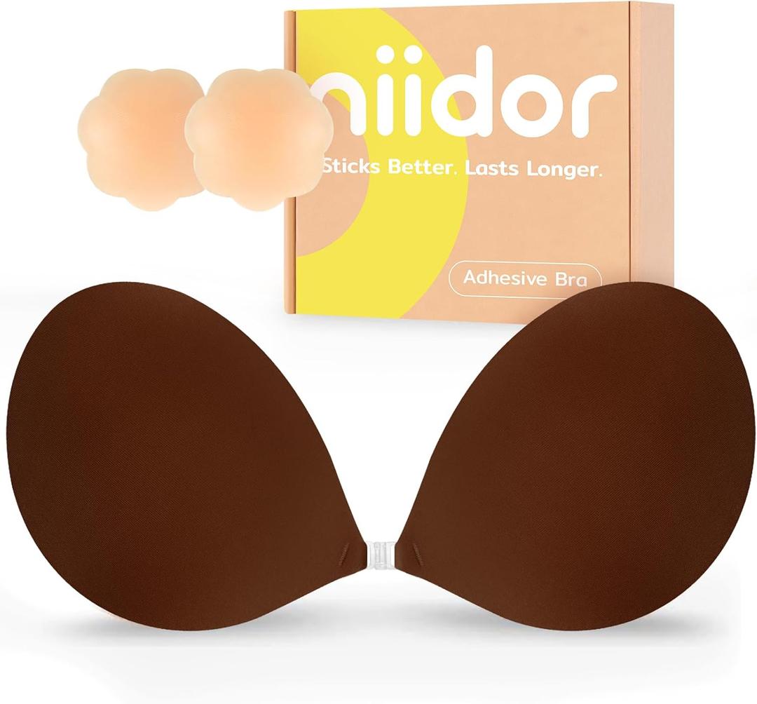 Niidor Adhesive Bra Strapless Ultra Sticky Invisible Push up Silicone Bra Multiple Colors Sizes Reusable for Backless Dress (Coffee)