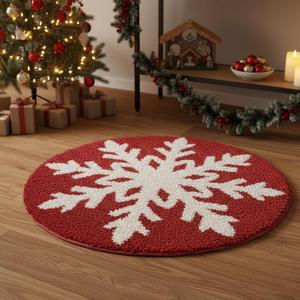 Christmas Bath Rug, 24x24" Red Snowflake Round Bathroom Mat, Extra Soft & Absorbent, Machine Washable Non Slip Shower Mat, Winter Themed Xmas Plush Bathroom Floor Rug for Holiday Dcor Snow Bath Rug