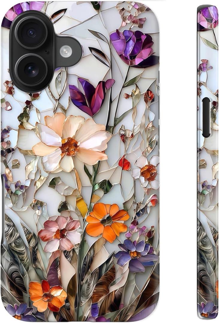 LUHOURI for iPhone 16 Case,Wireless Charging Compatible,Dual-Layer - Soft Silicone Inner + Hard Outer Shell,Cute Wildflower Design,Protective Phone Cover for Women - Marble Pressed Flowers