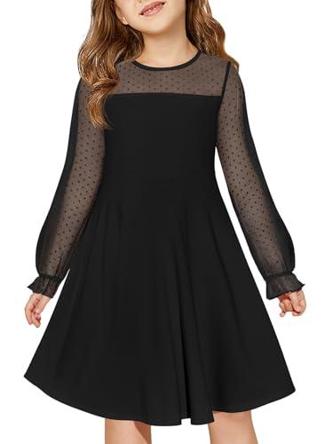 Haloumoning Girls Contrast Mesh Long Sleeve High Waist A Line Short Dress with Pockets 5-6 Years Black, Size 140