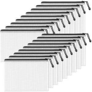 SUNEE Plastic Mesh Zipper Pouch 9.2x12.5 in (Black, 18 Packs),Extra Large Water-Resistant Zip Bag for School Office Supplies, Puzzles & Games Organizing Storage