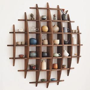 Solid Wood Chinese Tea Cup Holder, Wall Mounted Teapot Display Stand, Wall Decoration Teaware Shelf Storage Rack for Living Room Kitchen Office Commercial (Dark Walnut Color, 39x39'')