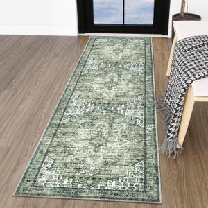 SIILOOM 2x7 Runner for Hallways, Green Non-Slip Washable Kitchen Runners, Vintage Boho Runner Printed Rug with Non-Shedding, Soft Medallion Floor Carpet Rugs for Laundry Bedroom Entryway
