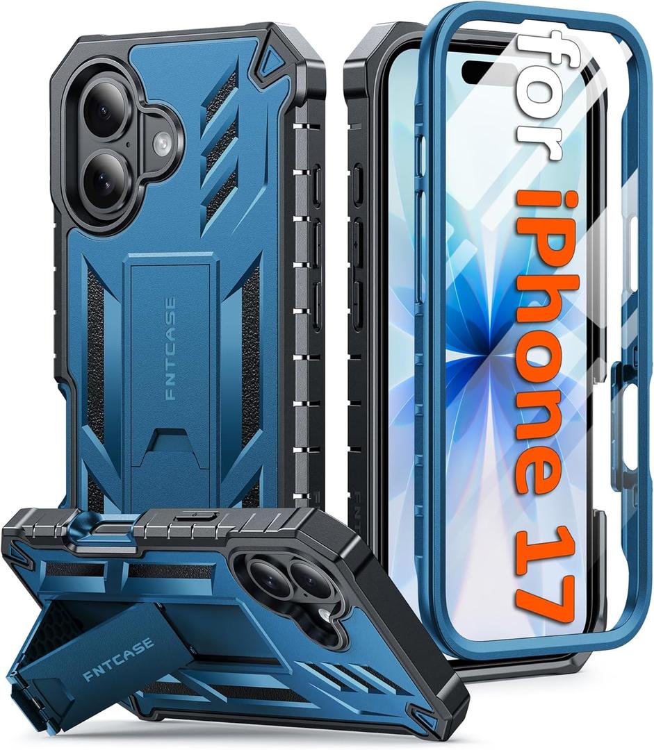 FNTCASE for iPhone 17 Phone Case: Military Grade Drop Proof Protection Mobile Cover with Kickstand | Matte Textured Rugged Shockproof TPU | Protective Sturdy Phone Case - 6.3 inch Blue