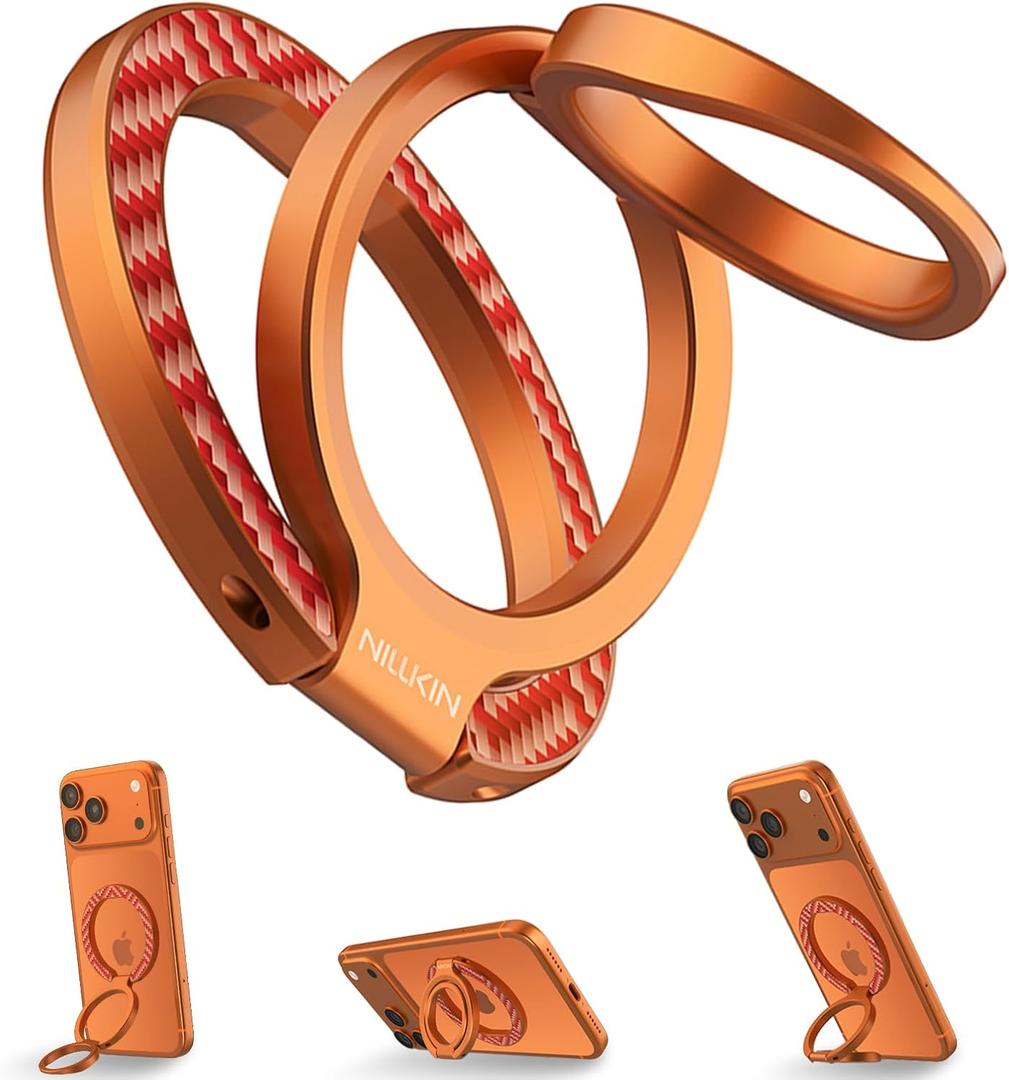 Nillkin Magsafe Phone Ring Holder Magnetic Grip Stand, Double Sided Magnets Kickstand, Upgraded Carbon Fiber Finger Holder, Accessories Compatible with iPhone 17 16 Pro Max Google Pixel 10 (Orange)