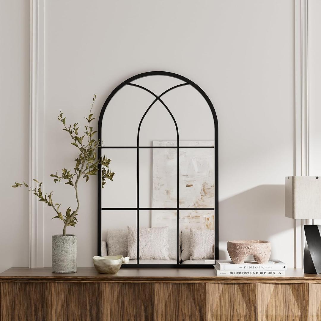 Rowjut Arched Wall Mirror 38" x 24" Window & Wall Decorative Mirrors, Iron Framed Window Pane Mirror, Arched Top Wall Mirror for Entryway Living Room, Bedroom, Fireplace (Black)