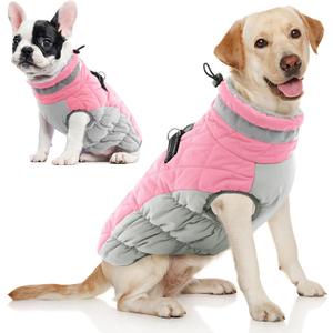 AOFITEE Dog Coat, Warm Dog Winter Coat, Reflective Cold Weather Dogs Puffer Jacket with Harness Built in, Waterproof Pet Fleece Vest Snowsuit for Small Medium Large Dogs, Pink L
