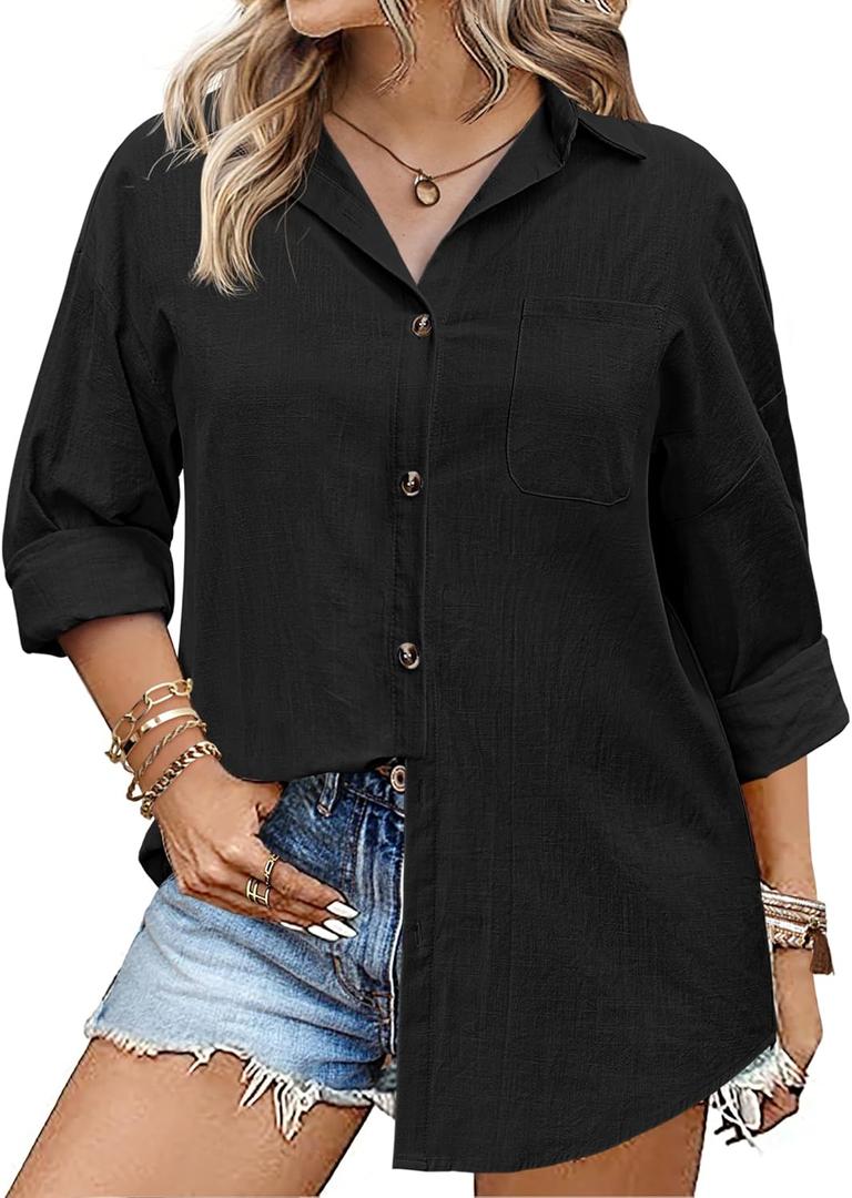 IN'VOLAND Womens Plus Size Linen Button Down Shirts Long Sleeve Cotton Casual Collared Shirt Loose Blouses Tops with Pocket Black M