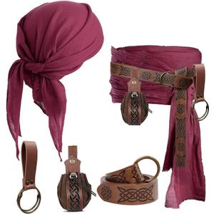 KOTORA Pirate Costume Head Scarf Bandana Hat Waist Sash Medieval Belt Pouch Golden Coin Purse Festival Dress Accessroy