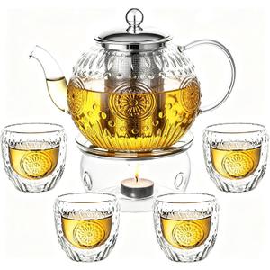Amzcku 50OZ/1500ml Vintage Glass Teapot Set with 4 Cups, Teapot Set with Removable Infuser Stovetop Safe, Borosilicate Glass Tea Kettle for Blooming & Loose Leaf Tea