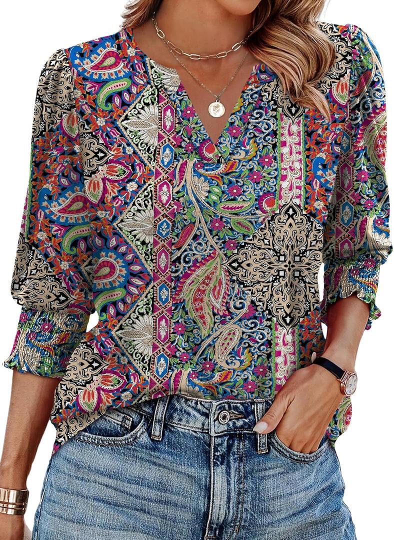 XIEERDUO Blouses for Women Dressy Casual 3/4 Length Sleeve Womens Tops V Neck T Shirts with Smocked Cuffs (XX-Large)