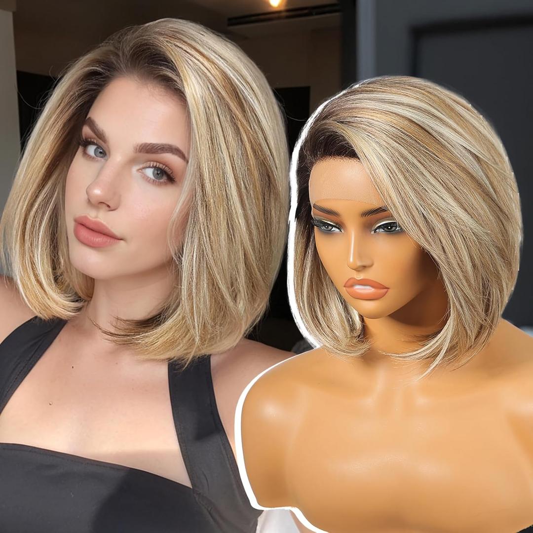 Ash Blonde Synthetic Lace Front Wig,Side Part Short Straight Glueless Bob Wig for White Women Daily Use 12IN (#TT891A)