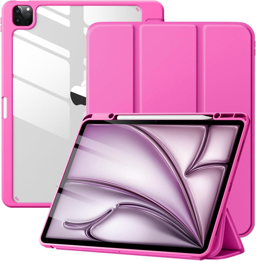 Mastten for iPad Air 13 inch Case (M3 2025 / M2 2024) / iPad Pro 12.9 inch Case (6th/5th/4th/3rd Generation 2022/2021/2020/2018), Built-in Pencil Holder & Auto Wake/Sleep, Clear Back Shell, Hot Pink