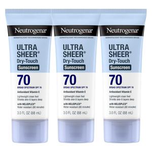 Neutrogena Ultra Sheer Dry-Touch Sunscreen For Face & Body, SPF 70 Broad Spectrum UVA/UVB Protection, Lightweight Water Resistant & Non-Greasy, Travel Size Sunscreen, 3 fl. oz (Pack of 1)