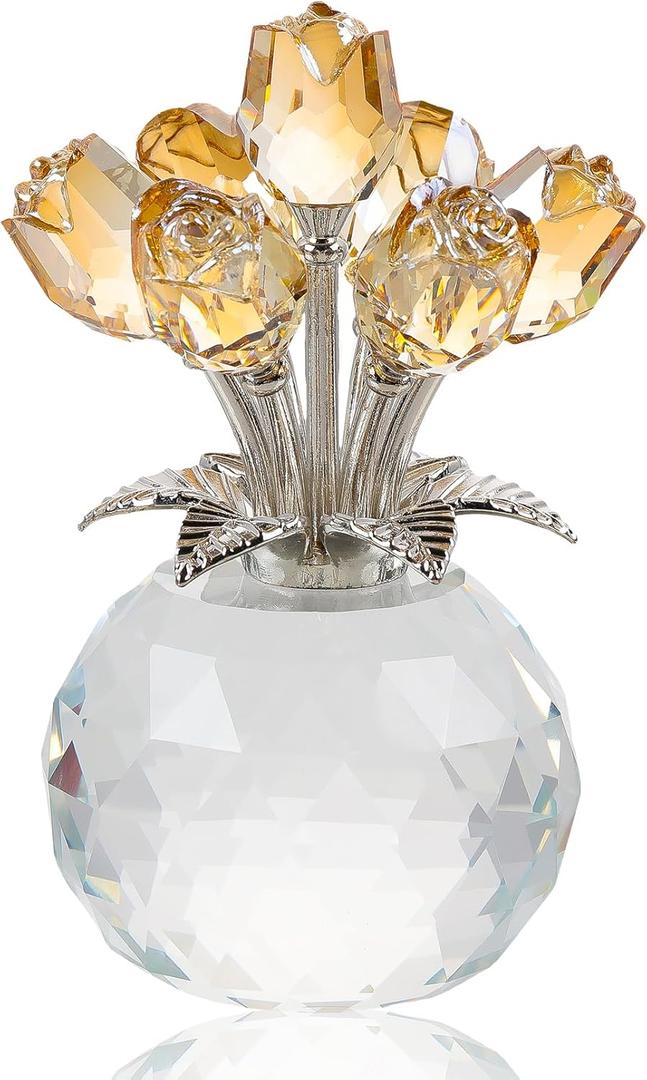 Crystal Gold Rose Bouquet Figurine with Round Vase, Glass Rose Flower Romantic Gifts for Women Mom on Christmas, Collectible Decoration Table Centerpiece for Home