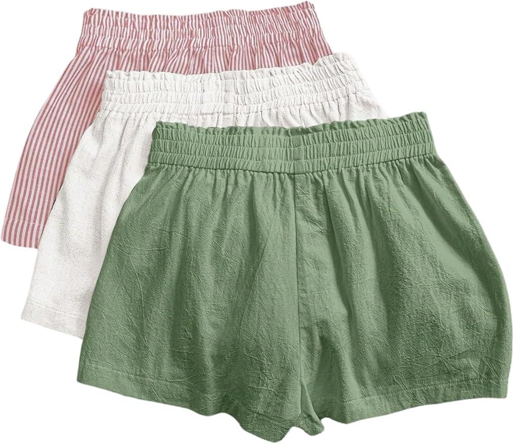 WDIRARA Women's 3 Pack Linen Shorts Elastic Waist Comfy Soft Lounge Shorts, XL