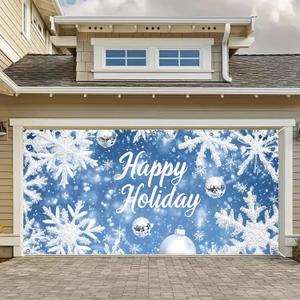 HOMETITUTE Holiday Garage Door Banner 13x6ft Blue Snowflake Scene with Silver Ornaments Lettering Outdoor Wall Cover Yard Display Large Winter Backdrop for Party Photo Decoration