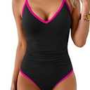 Aidonger One Piece Swimsuit for Women Tummy Control Slimming Bathing Suit Color Block V Neck Swimwear (Large)
