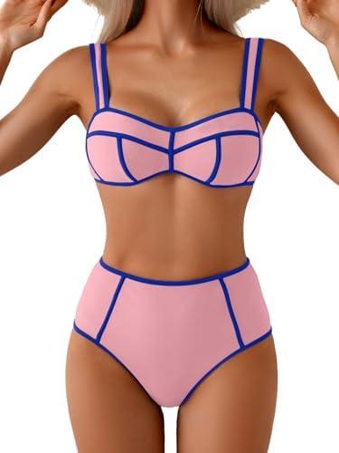 Eomenie Bikini Sets for Women Two Piece Swimsuits High Waisted Color Block Bathing Suits Tie Back Swimwear, Size M