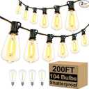 Brightever Outdoor String Lights 200FT Waterproof, Patio String Lights for Outside with 100+4 ST38 Shatterproof LED Filament Bulbs, Dimmable Hanging Lights for Christmas, Party, Cafe (2Pack 100FT)