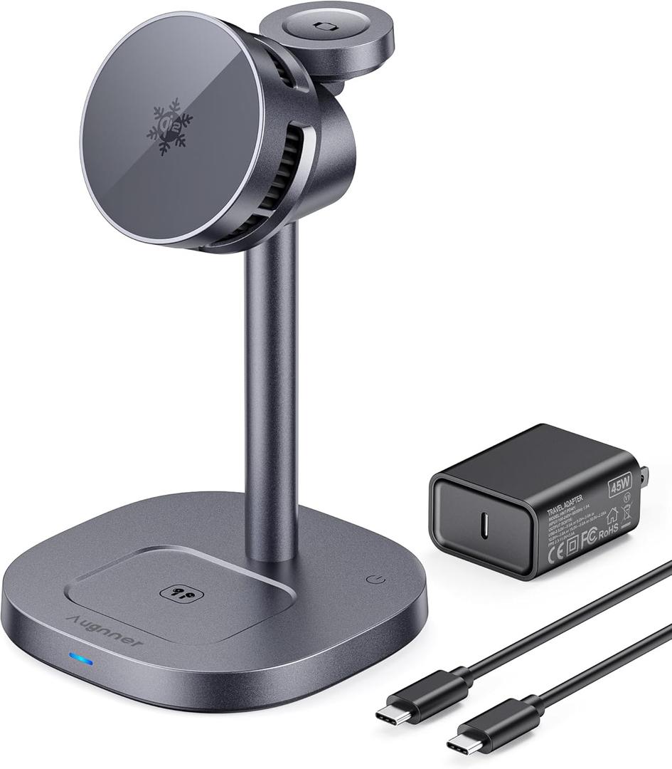 2026 New Magnetic Wireless Charger Stand with TEC Active Cooling, 15W Qi2-Certified 3 in 1 Charging Station for Apple Charger Stand, Wireless Charger for iPhone17/16/15/14/13/12, Apple Watch, AirPods (Gunmetal Grey)
